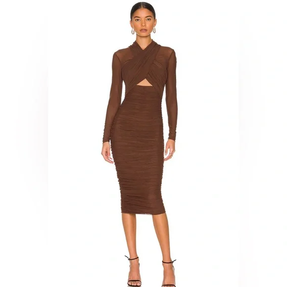 Long Sleeve Revolve Mesh Dress Revolve XS Bardot Aliyah Long Sleeve Bodycon  Mesh Midi Dress In Chocolate